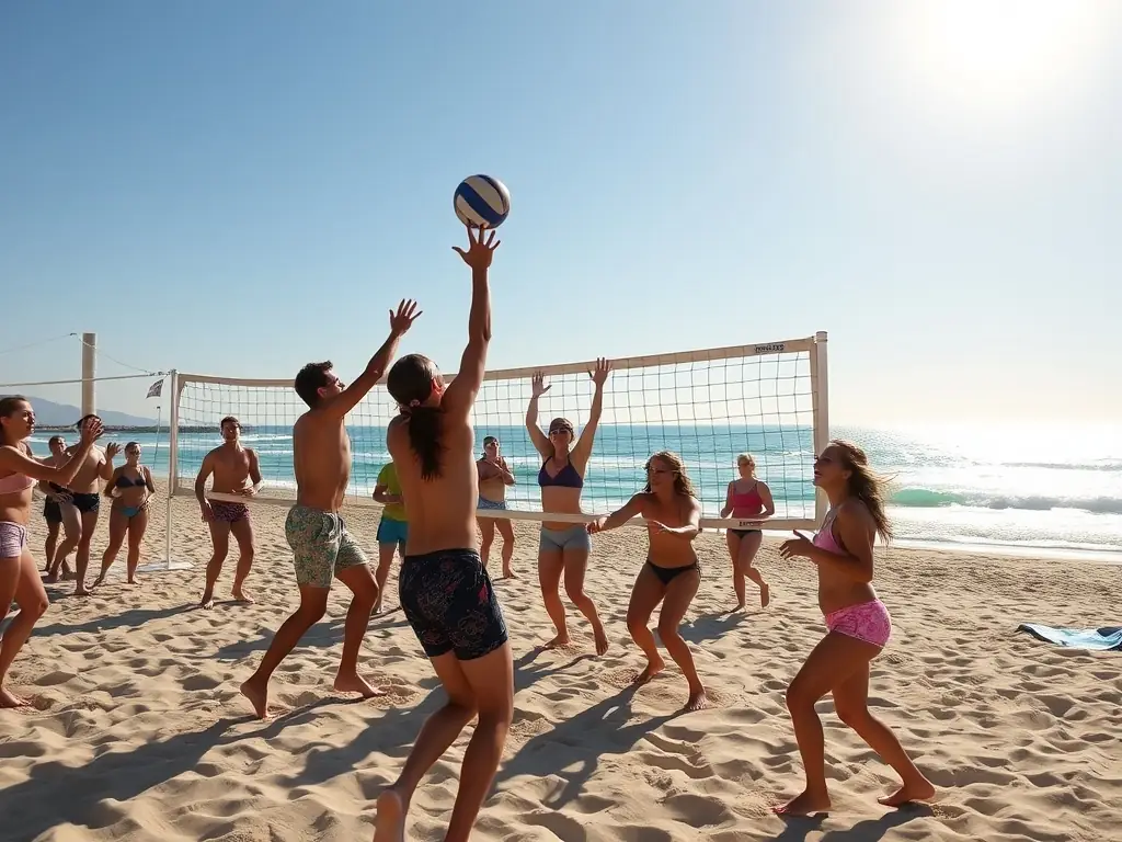 An action shot of participants enjoying a recreational volleyball game on a sandy beach, with clear blue skies and the ocean in the background, conveying a sense of fun and relaxation.
