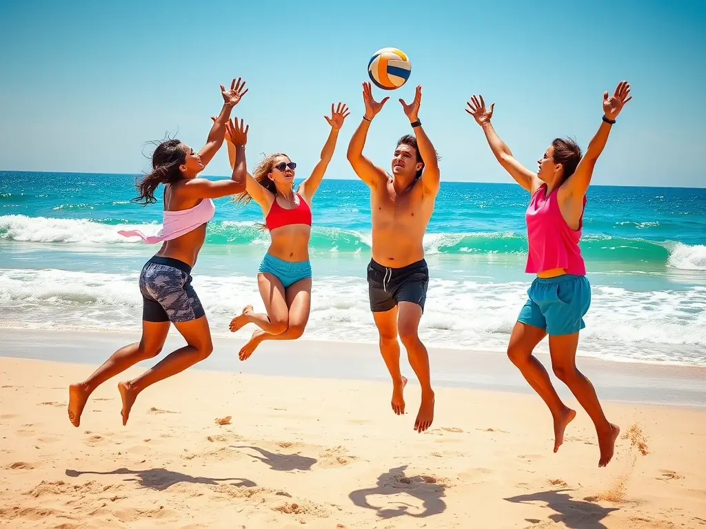 A dynamic image showing participants engaged in a beach volleyball tournament, with teams competing and spectators cheering. The backdrop is a sunny beach with clear blue skies, capturing the excitement and competitive spirit of the event.