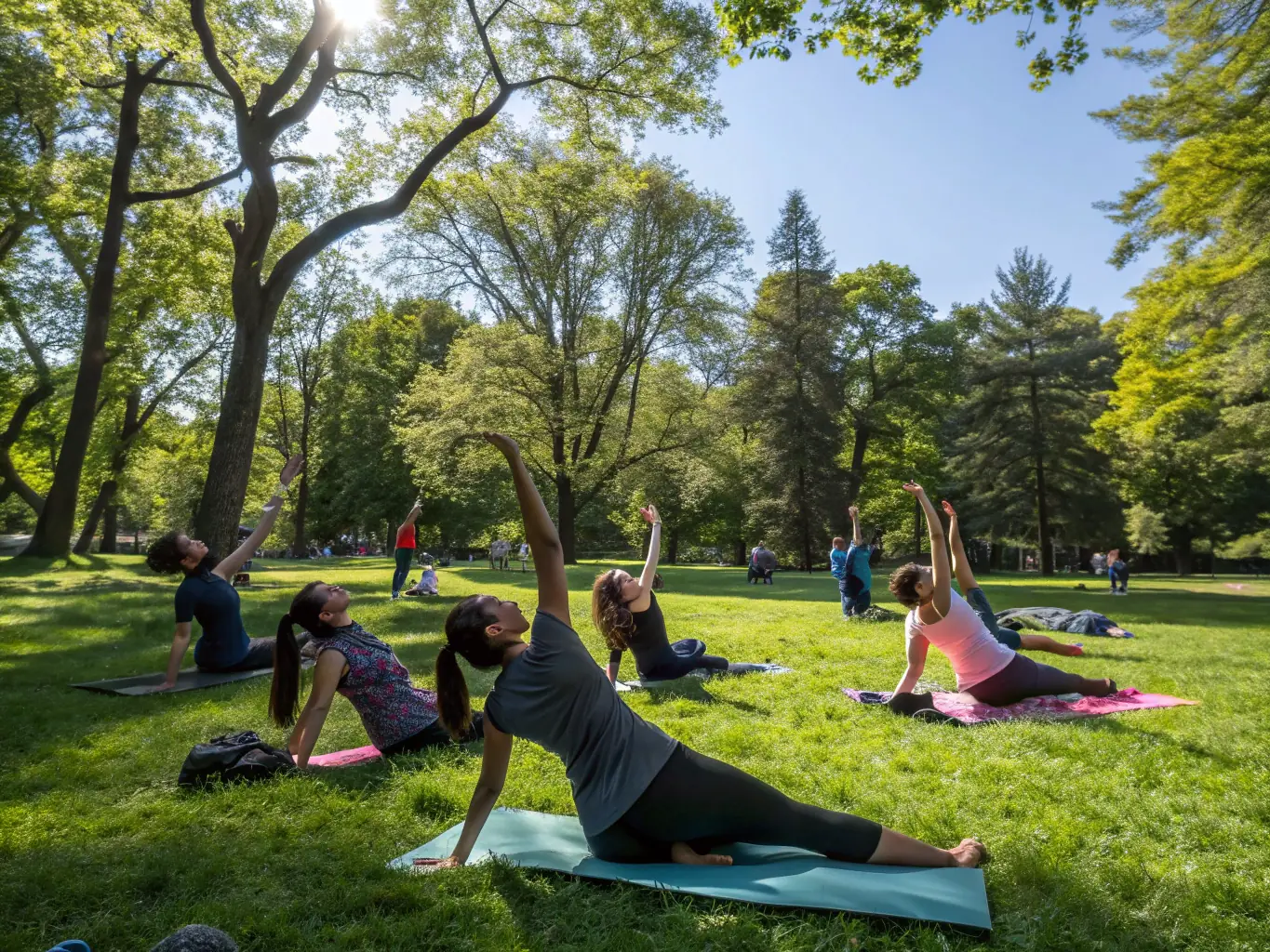 An image depicting a group of adults participating in a yoga session in a park, with a qualified instructor leading the class. The scene is set during a sunny morning, highlighting the tranquility and relaxation of the activity.