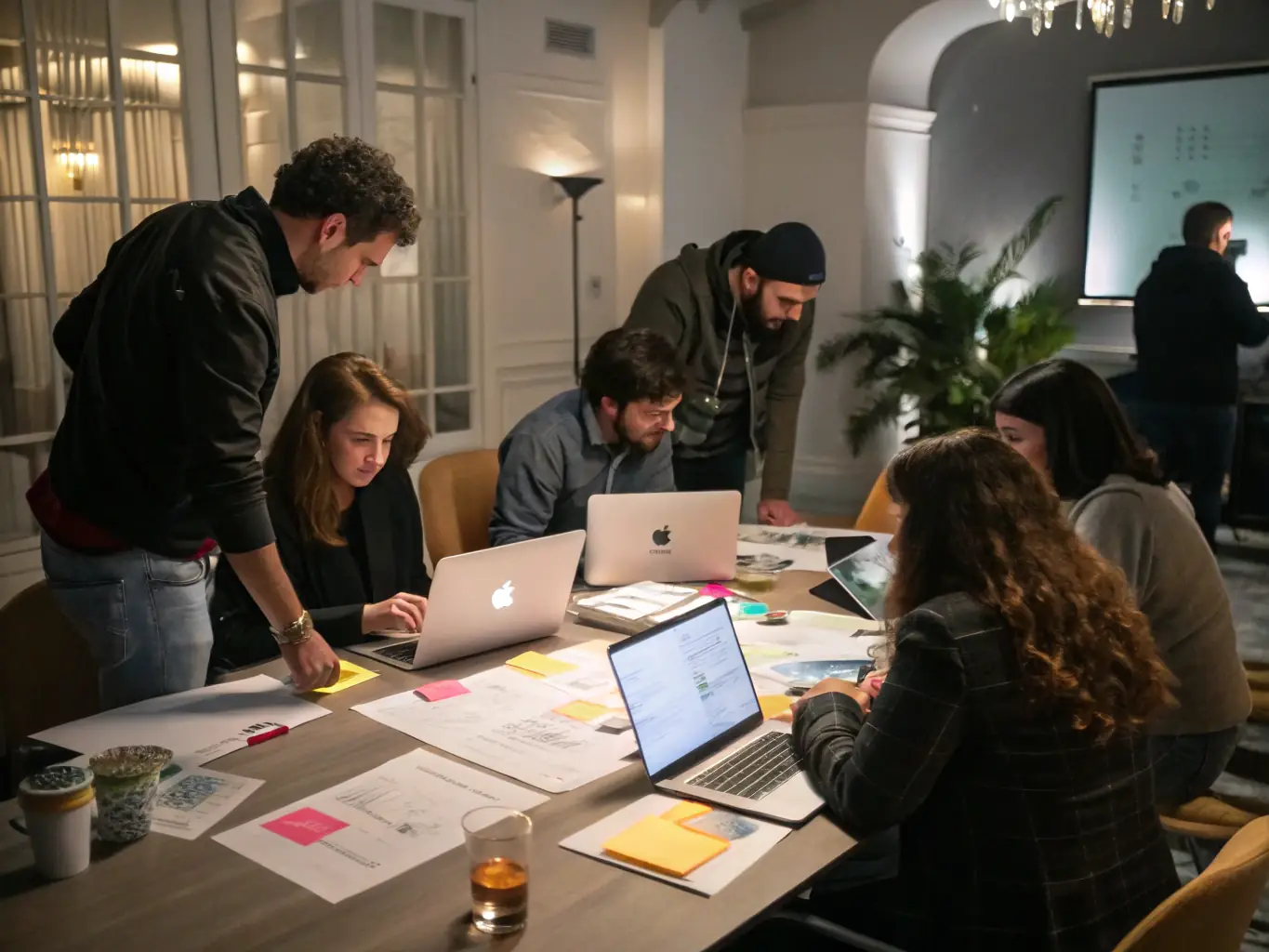A dynamic shot of event planners from Sport Événements Organisation collaborating enthusiastically in a modern office setting, reviewing event blueprints and digital schedules on large screens.