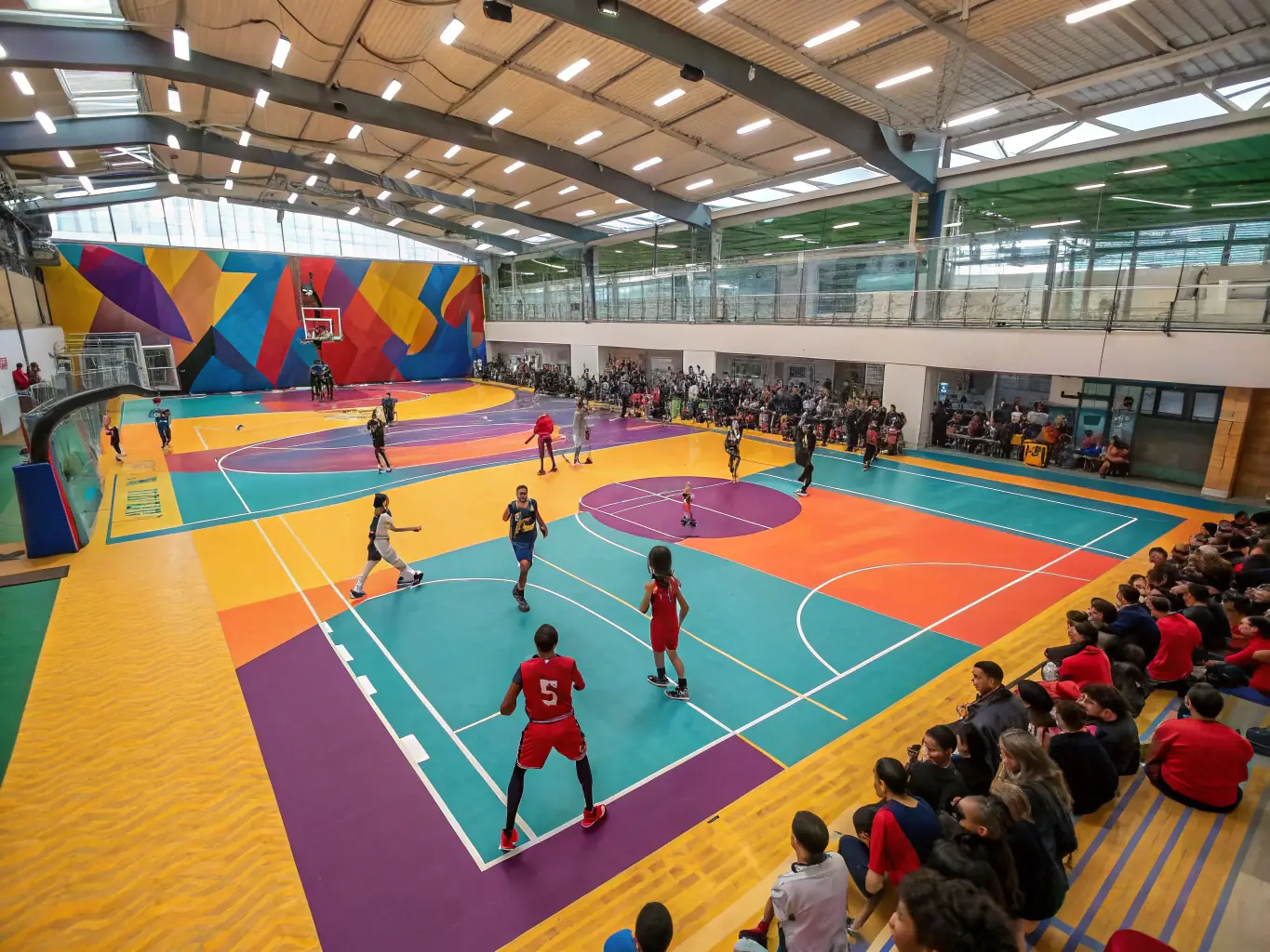 A vibrant photograph showcasing a community basketball tournament, with players of diverse ages and backgrounds competing on an outdoor court, surrounded by cheering spectators.