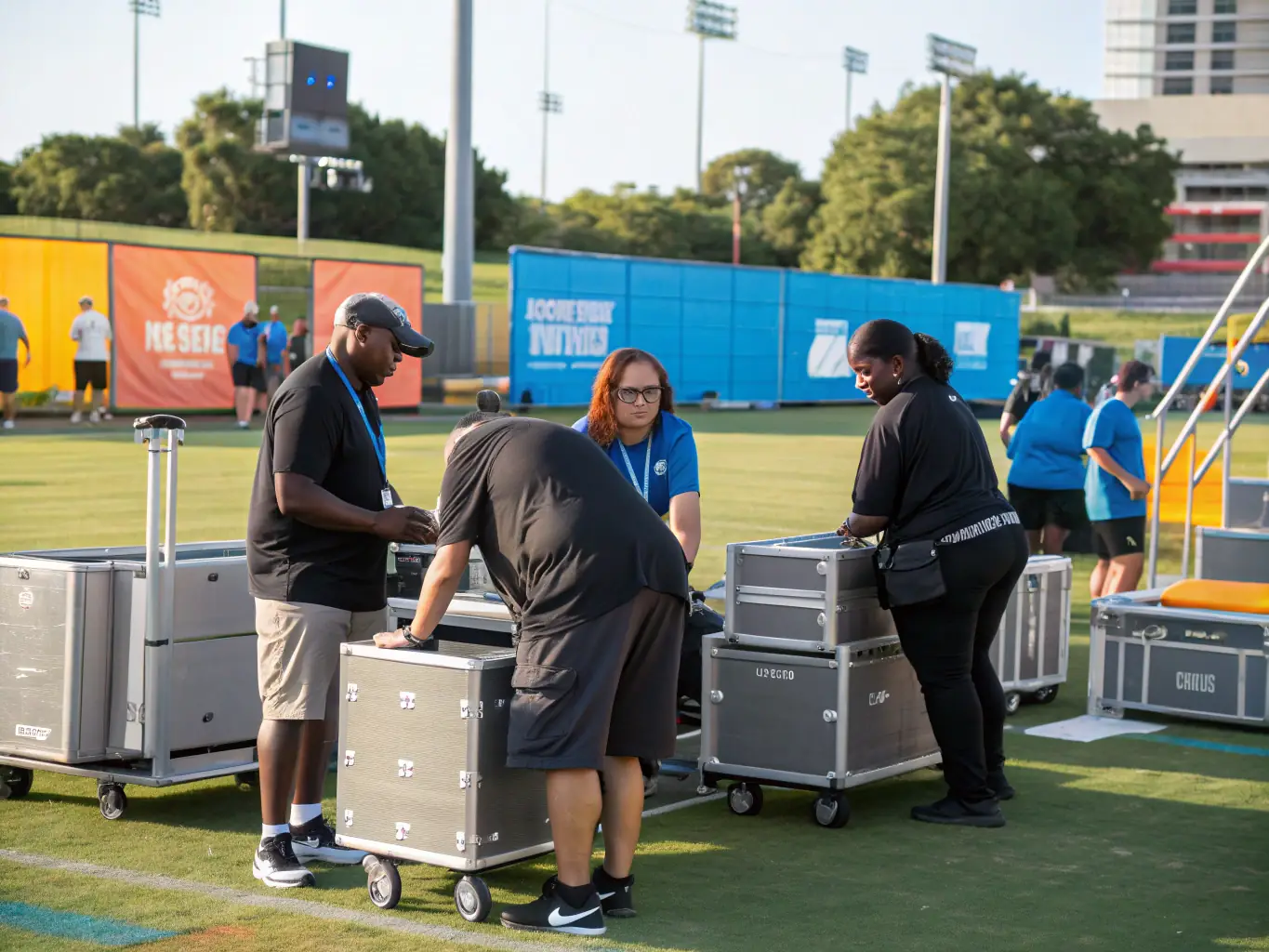 A behind-the-scenes photo of Sport Événements Organisation staff setting up a sports venue, showcasing their attention to detail, use of professional equipment, and commitment to creating a safe and well-organized environment.