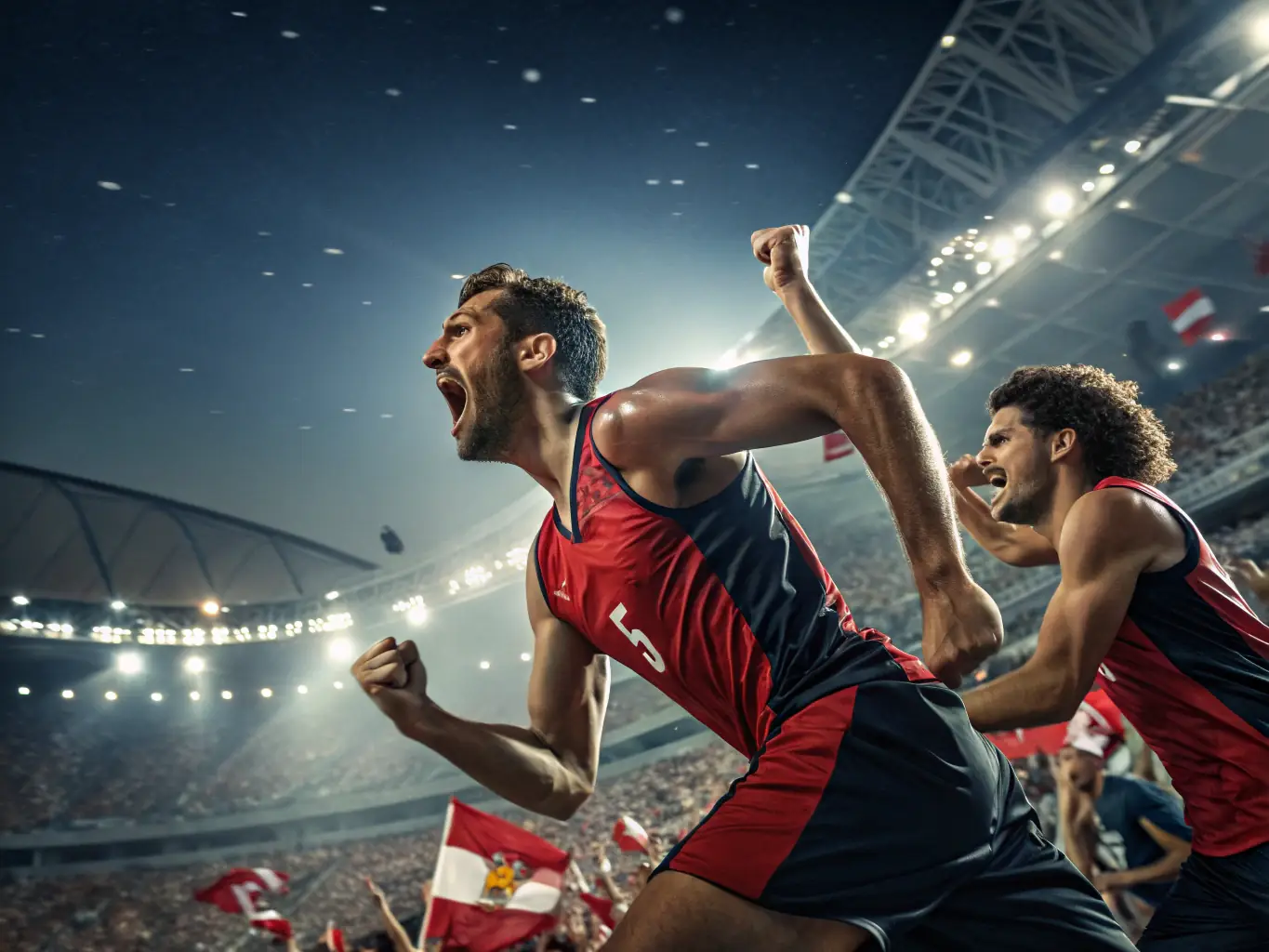 A high-energy image capturing the excitement of a sports event organized by Sport Événements Organisation, featuring athletes in action, cheering spectators, and prominent event branding.